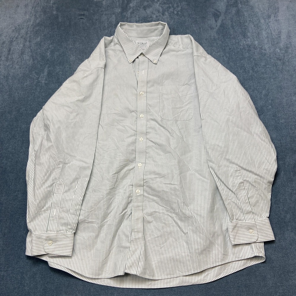 L.L.Bean Dress Shirt Mens 18-35 Beige Striped Cotton Traditional Fit Business